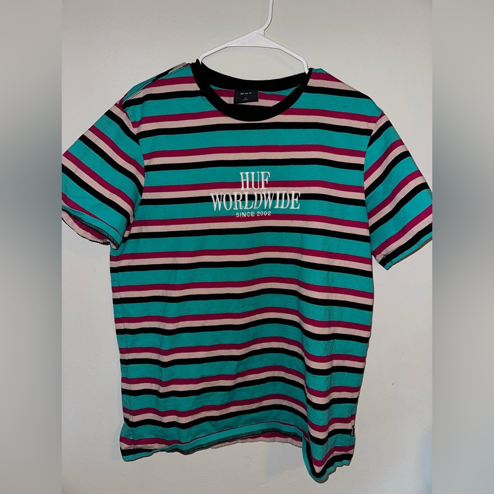 Huf worldwide large tshirt. Pink and teal  stripes